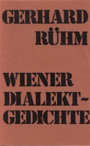 Schwarzer Text auf rötlichen Grund: Gerhard Rühm, Wiener Dialektgedichte.